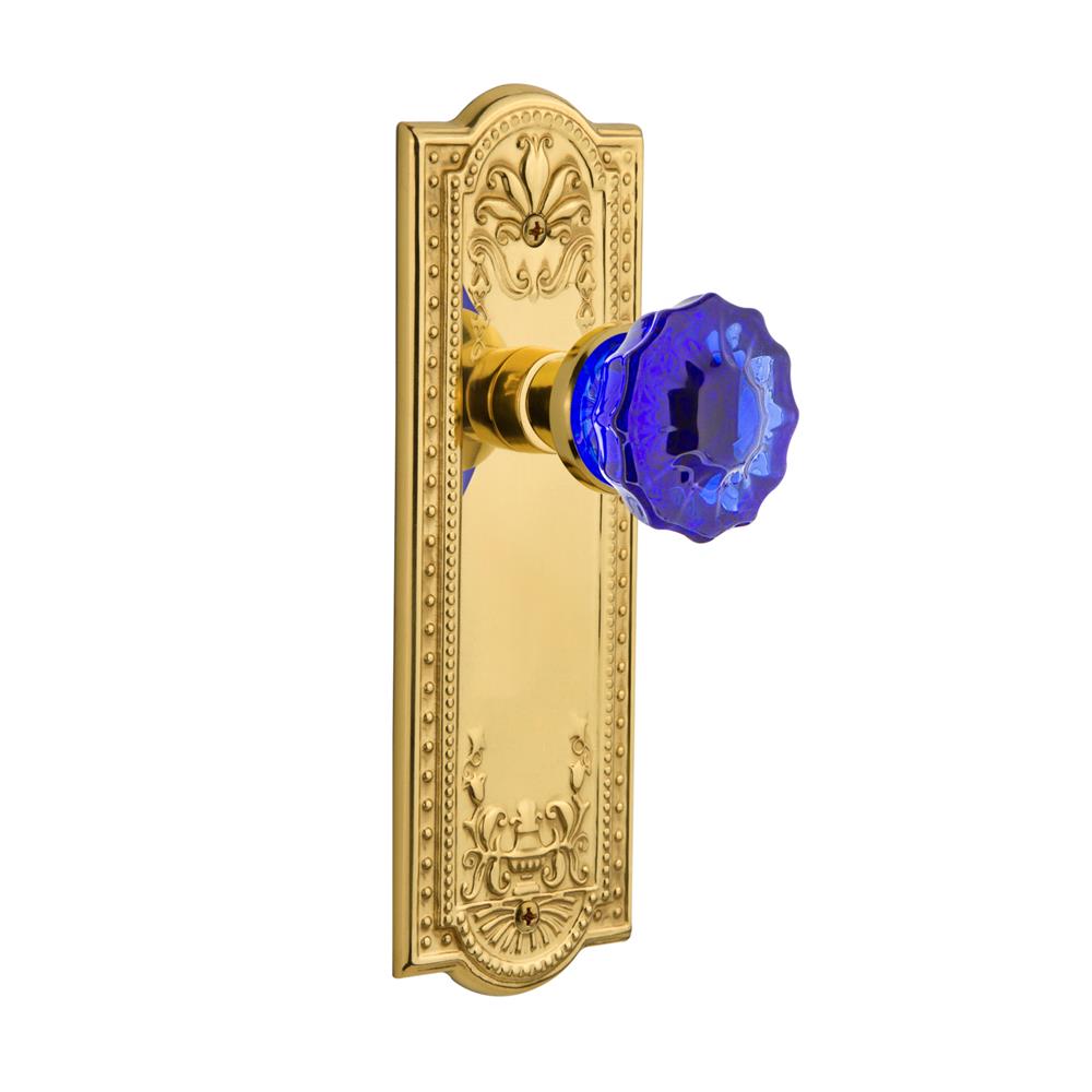 Nostalgic Warehouse MEACRC Colored Crystal Meadows Plate Passage Crystal Cobalt Glass Door Knob in Polished Brass